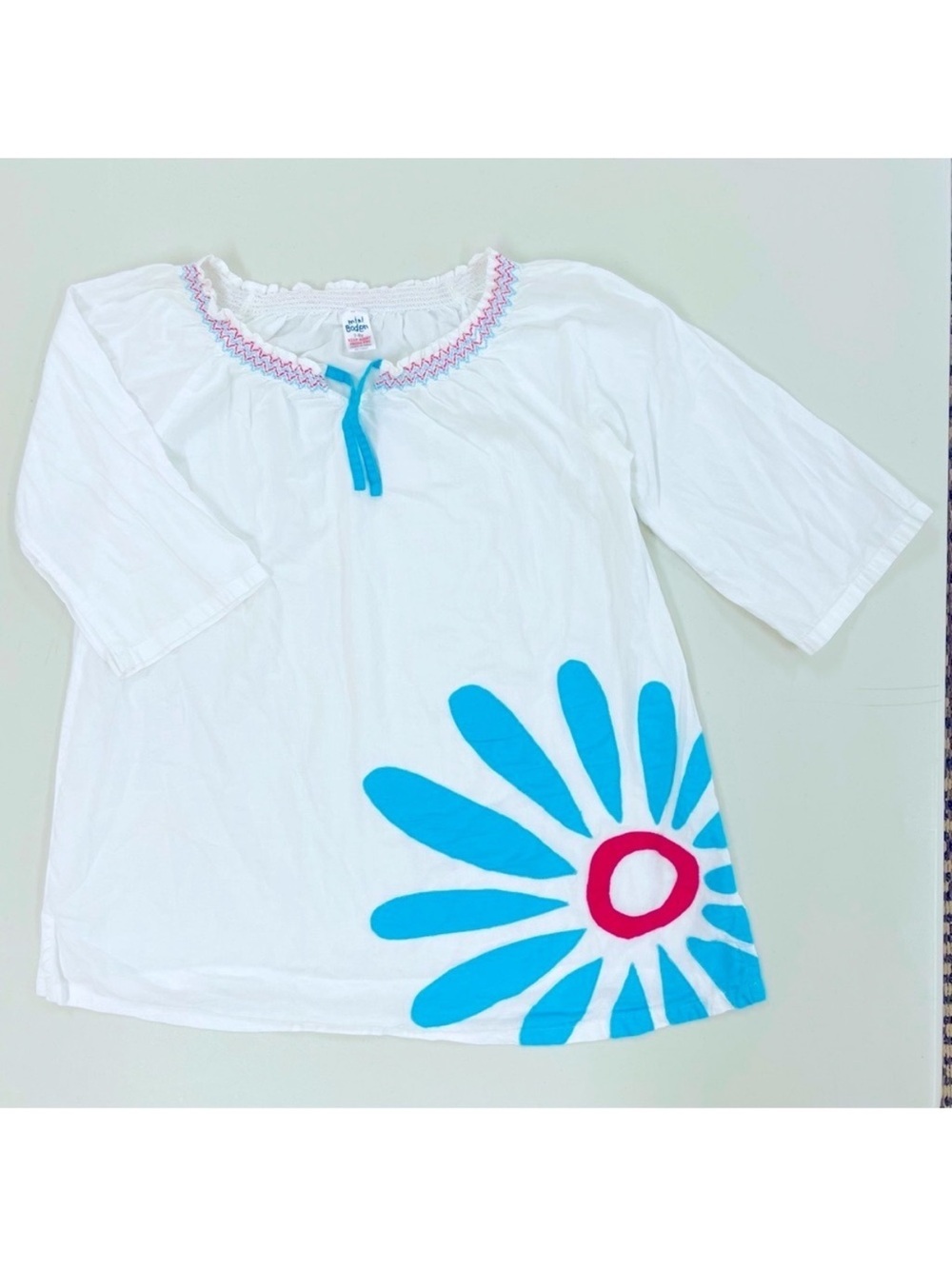 Mini Boden Tunic Top Girls 7-8 Y Embroidered Applique Flower Smocked Neck Cotton